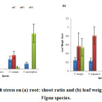 Fig. 8: Effect of salt stress on (a) root: shoot ratio and (b) leaf weight ratio of selected Vigna species.
