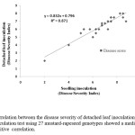 Figure 6. Correlation between the disease severity of detached leaf inoculation and seedling inoculation test using 27 mustard-rapeseed genotypes showed a medium strong positive correlation